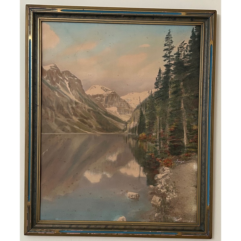 Vintage Sawyer Hand Colored Photograph Mountain Lake Landscape Framed Signed Art